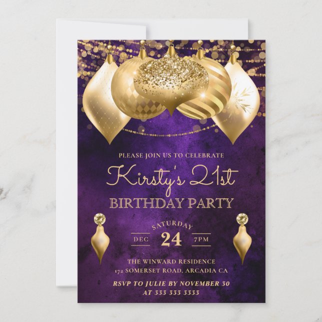 Invitation Boules de Noël Violet et Or 21ème Anniversaire (Devant)