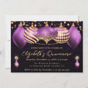 Invitation Boules de Noël Violet et Or Quinceanera