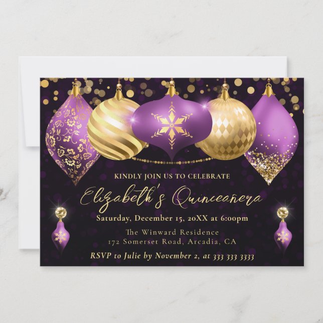 Invitation Boules de Noël Violet et Or Quinceanera (Devant)