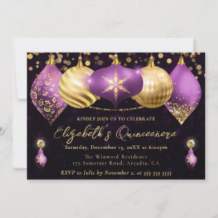 Invitation Boules de Noël Violet et Or Quinceanera