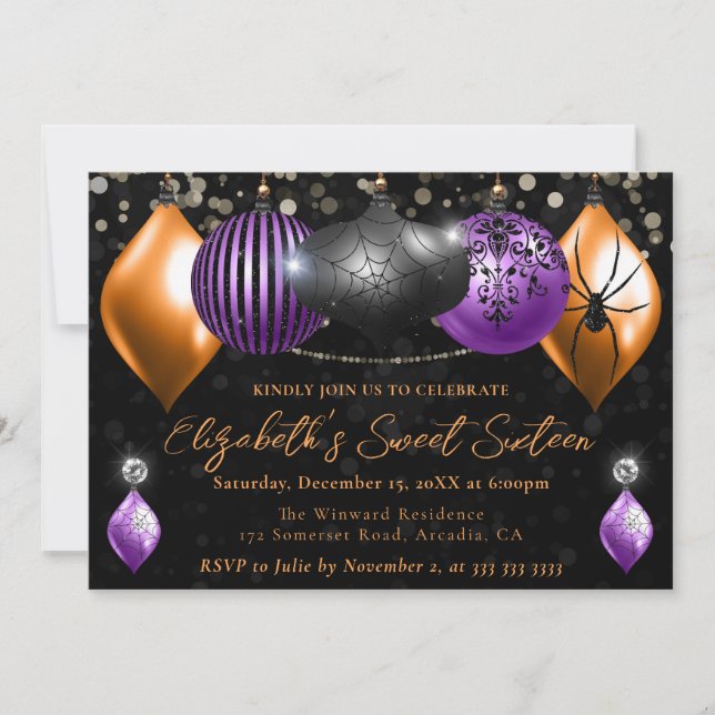 Invitation Boules de Noël Violet, Noir, Orange Halloween Swee (Devant)