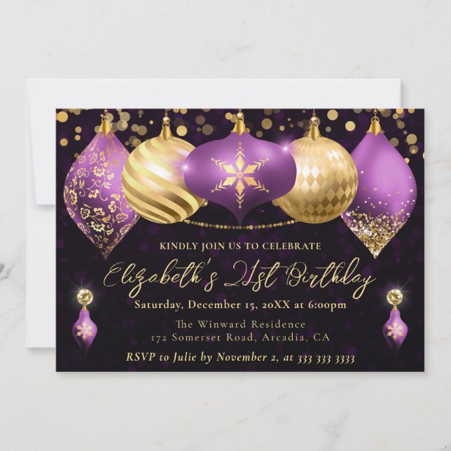 Invitation Boules de Noël Violettes et Dorées pour Fête d'Ann (Devant)
