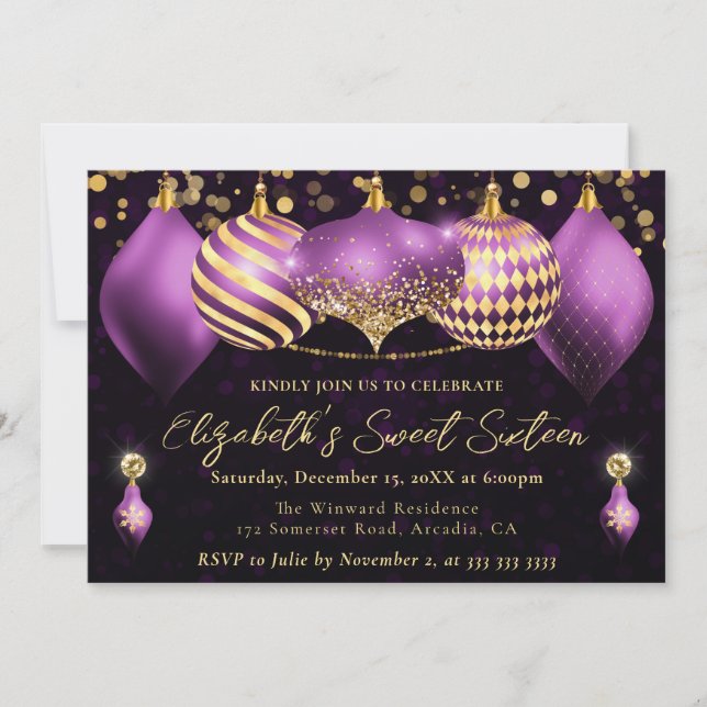 Invitation Boules de Noël Violettes et Dorées Sweet 16 (Devant)