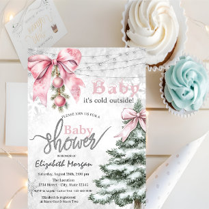 Invitation Boules de pin sylvestre à ruban rose Il fait froid