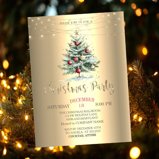 Invitation Boules de sapin de Noël, Société de Noël dorée  (Créateur téléchargé)