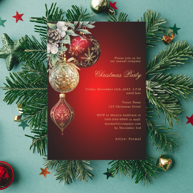 Invitation Boules d'or rouge employés affaires Noël fête (Créateur téléchargé)