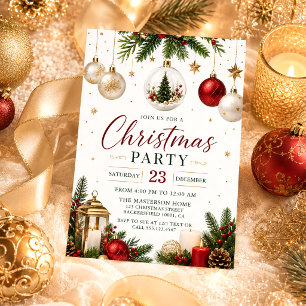 Invitation Boules dorées colorées et branches d'arbre Noël