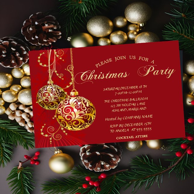 Invitation Boules dorées festives Soirée de Noël de la compag (Créateur téléchargé)