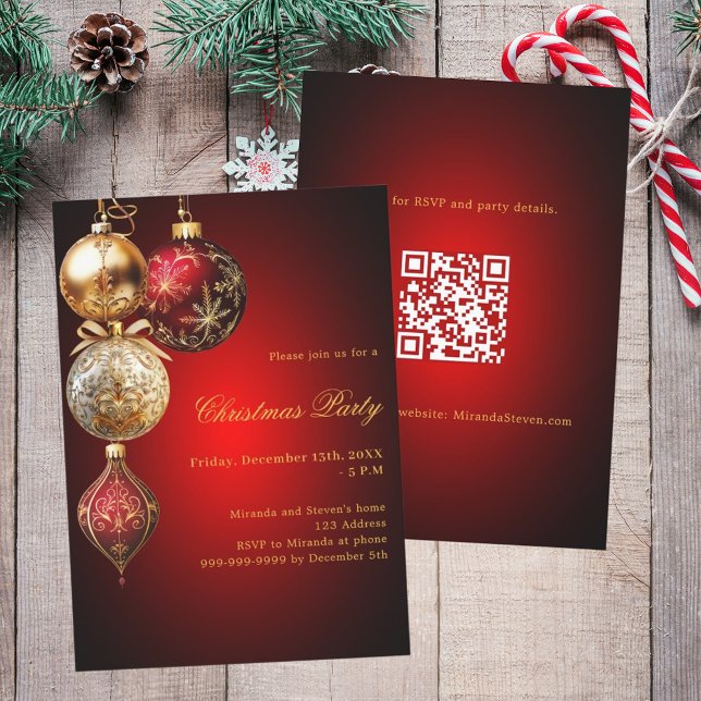 Invitation Boules en or rouge QR code Noël (Créateur téléchargé)