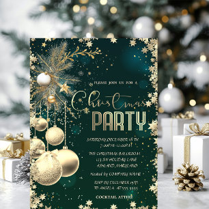 Invitation Boules étoiles branches dorées Société Noël vert 