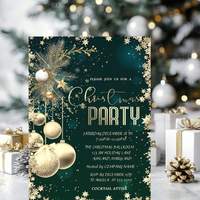 Invitation Boules étoiles branches dorées Société Noël vert  (Créateur téléchargé)