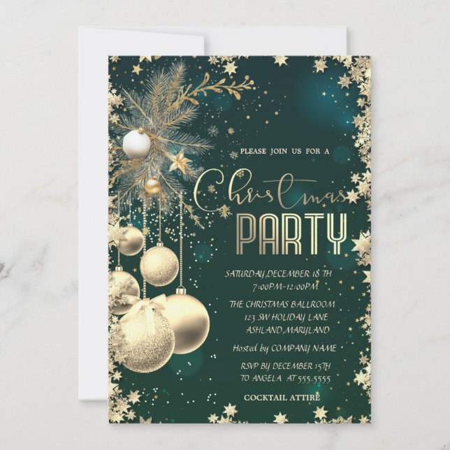 Invitation Boules étoiles branches dorées Société Noël vert  (Devant)