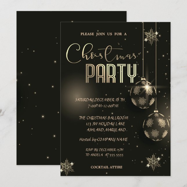 Invitation Boules Flocons de Neige Dorés Noël Entreprise (Devant / Derrière)