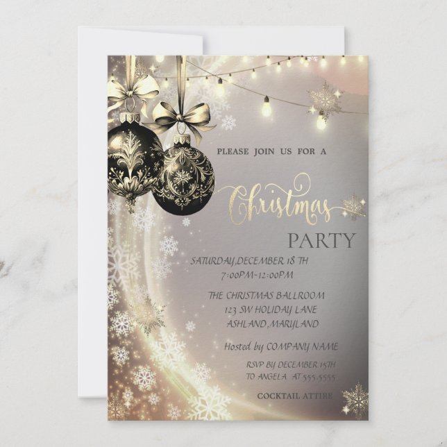 Invitation Boules noires de Noël, Lumières à cordes, Flammes  (Devant)