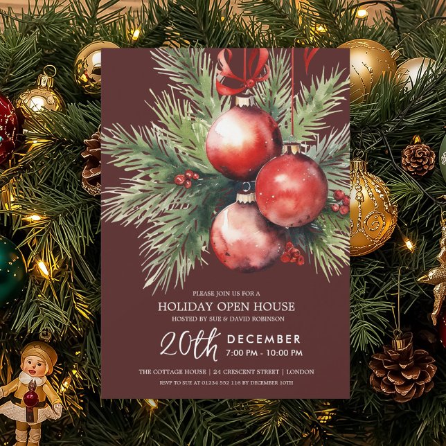 Invitation Boules peintes de la maison ouverte des Fêtes Bour (Holiday Open House Painted Baubles Burgundy Invitation)
