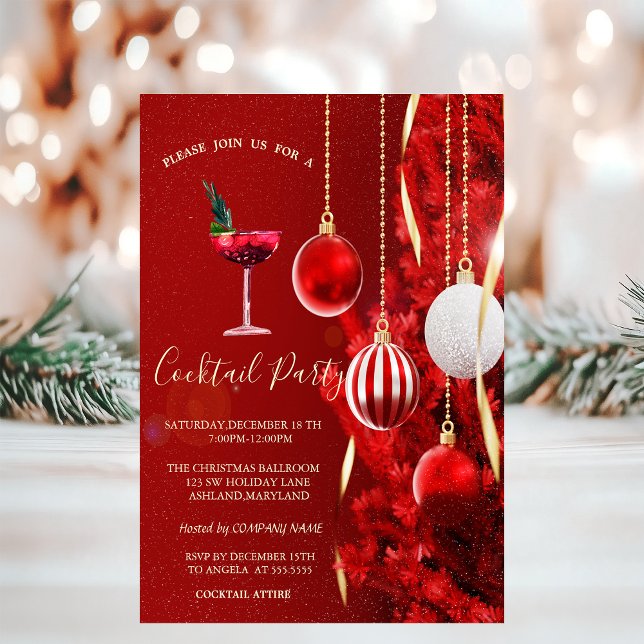 Invitation Boules rouges de cocktail Arbre Fête de Noël  (Créateur téléchargé)