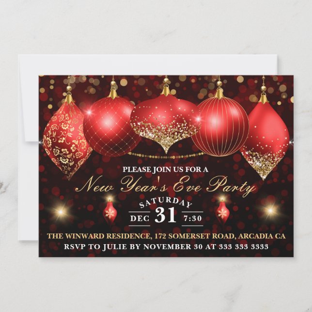 Invitation Boules rouges et or élégantes Nouvel An (Devant)