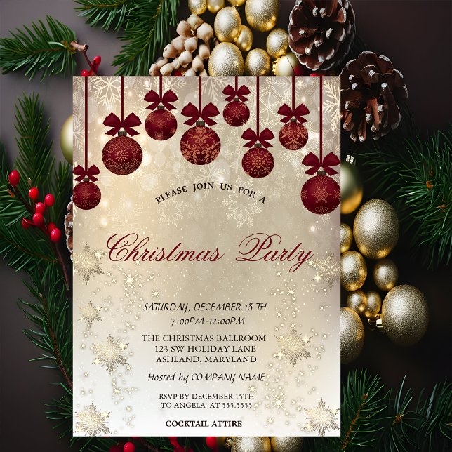 Invitation Boules rouges, flocons de neige dorés Noël (Créateur téléchargé)