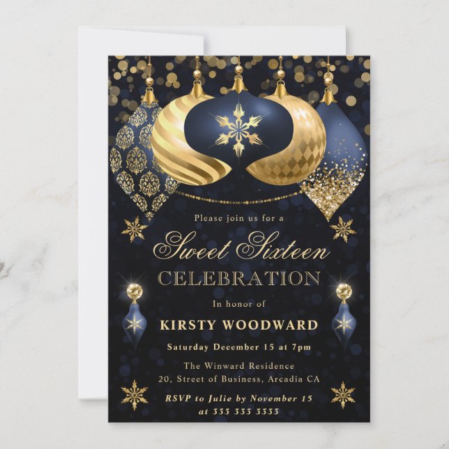 Invitation Boules scintillantes bleues et dorées Sweet Sixtee (Devant)