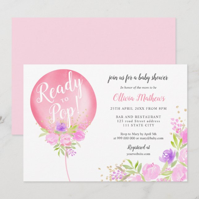 Invitation Boulon floral rose mou prêt au baby shower (Devant / Derrière)