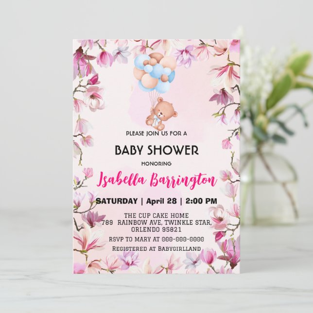 Invitation Boulon rose mignon fleurs baby shower enfants (Debout devant)
