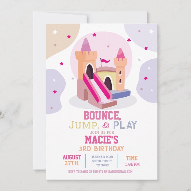 Invitation Bouncy Castle Anniversaire Fête Rose Bounce House (Devant)