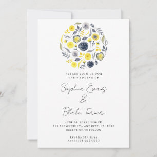 Invitation Bouquet Abstrait jaune et bleu Mariage blanc