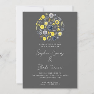 Invitation Bouquet Abstrait Jaune et Bleu Mariage Gris