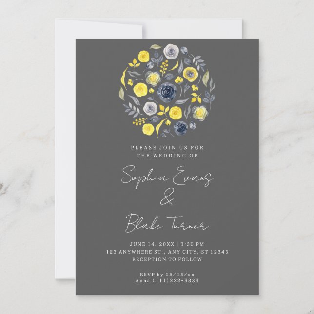 Invitation Bouquet Abstrait Jaune et Bleu Mariage Gris (Devant)