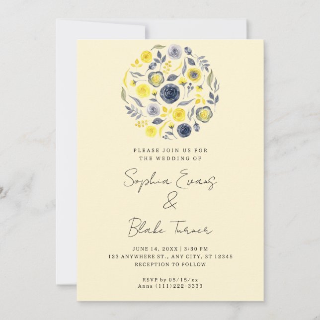 Invitation Bouquet Abstrait jaune et bleu Mariage jaune (Devant)