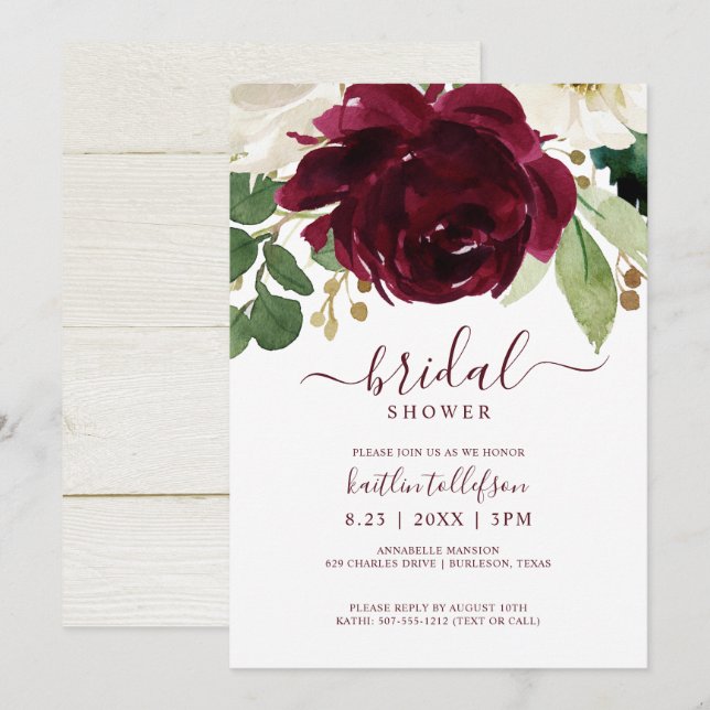Invitation Bouquet aquarelle de douche de mariage Vin de Bour (Devant / Derrière)