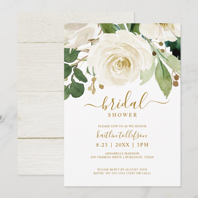 Invitation Bouquet Aquarelle de Linge de Mariée Blanc (Devant / Derrière)