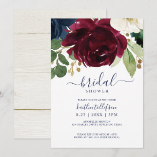 Invitation Bouquet aquarelle de mariage en bordeaux et marine