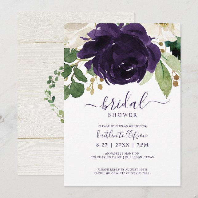 Invitation Bouquet aquarelle prune violet pour douche de mari (Devant / Derrière)