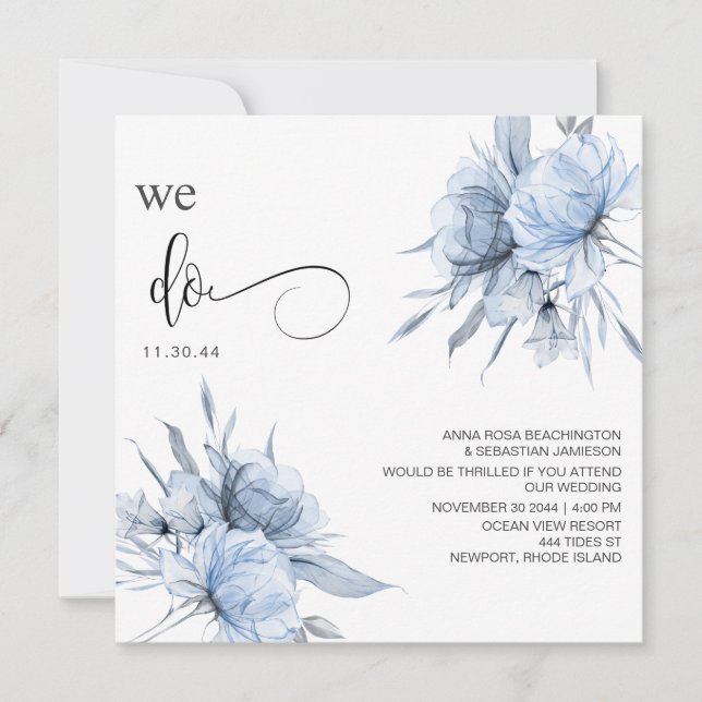 Invitation *~* Bouquet bleu Dusty AR15 Floral QR RSVP MARIAGE (Devant)