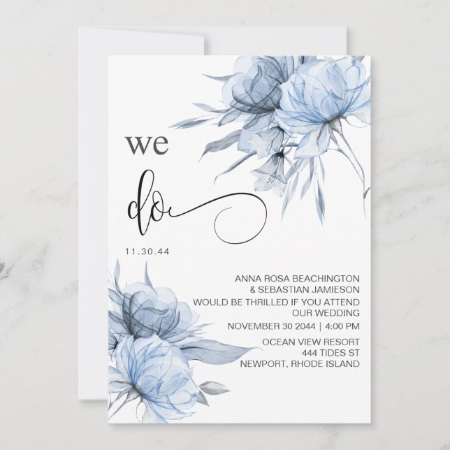 Invitation *~* Bouquet bleu Dusty AR15 Floral RSVP QR MARIAGE (Devant)