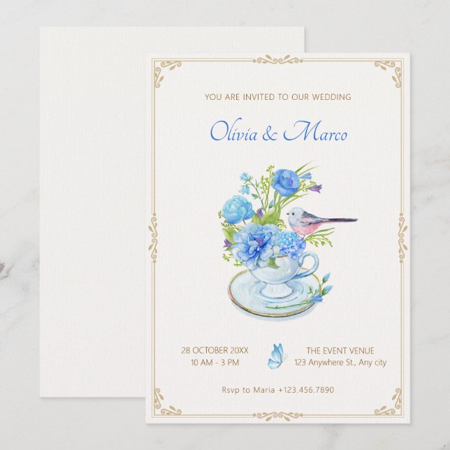 Invitation Bouquet bleu mariage (Devant / Derrière)