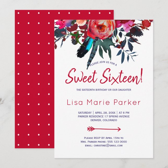 Invitation Bouquet bleu marine floral boho rouge bleu doux 16 (Devant / Derrière)