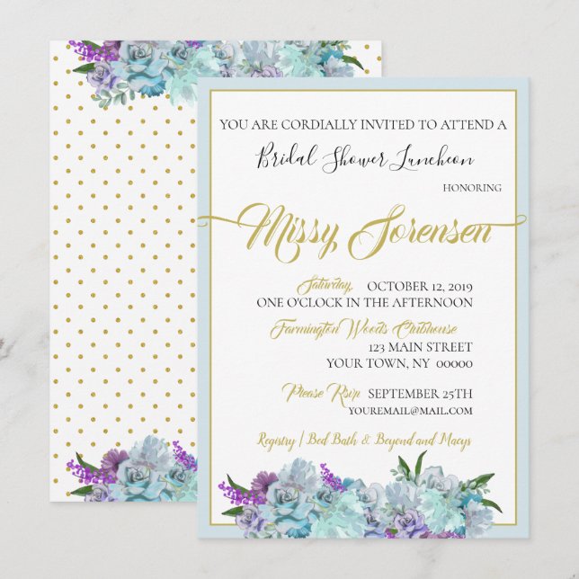 Invitation Bouquet bleu turquoise Mariage suite douche (Devant / Derrière)