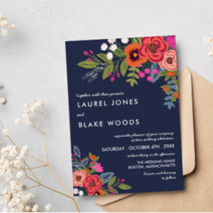 Invitation Bouquet Bohème - Bleu Nuit et Mariage au Corail