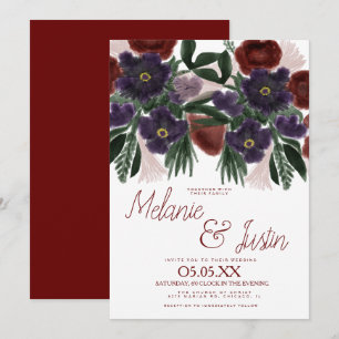 Invitation Bouquet Bold Burgundy Aquarelle Fleurs Mariage