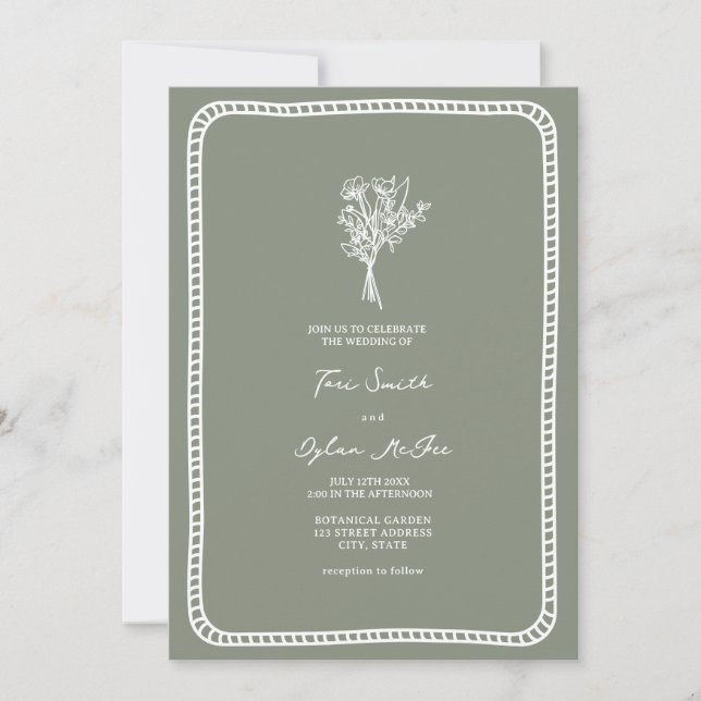 Invitation Bouquet Bordure Flush Sage Mariage vert (Devant)