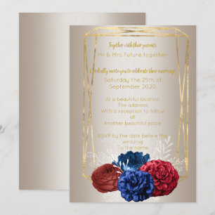 Invitation Bouquet Bronze Or Élégant Mariage Rouge Bleu