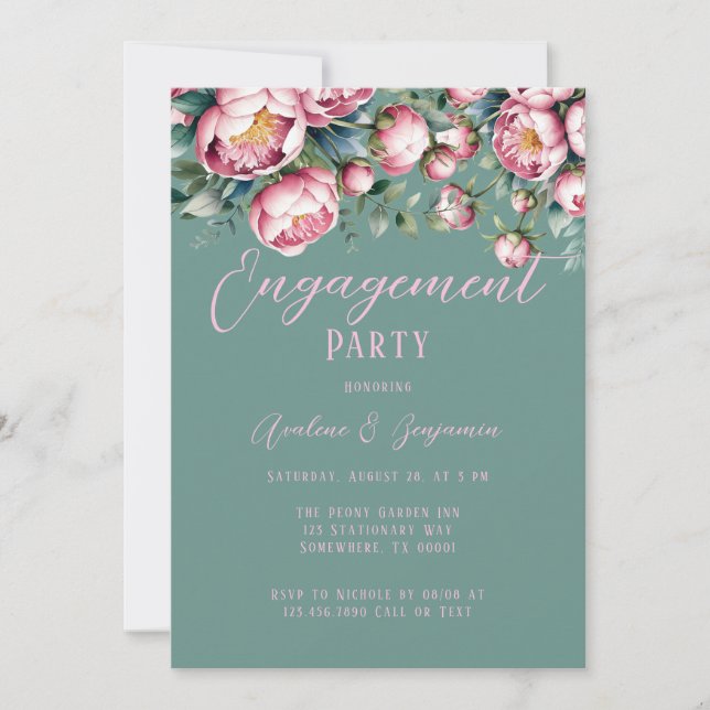 Invitation Bouquet Chic Peony Dans La Partie Engagement Aquar (Devant)