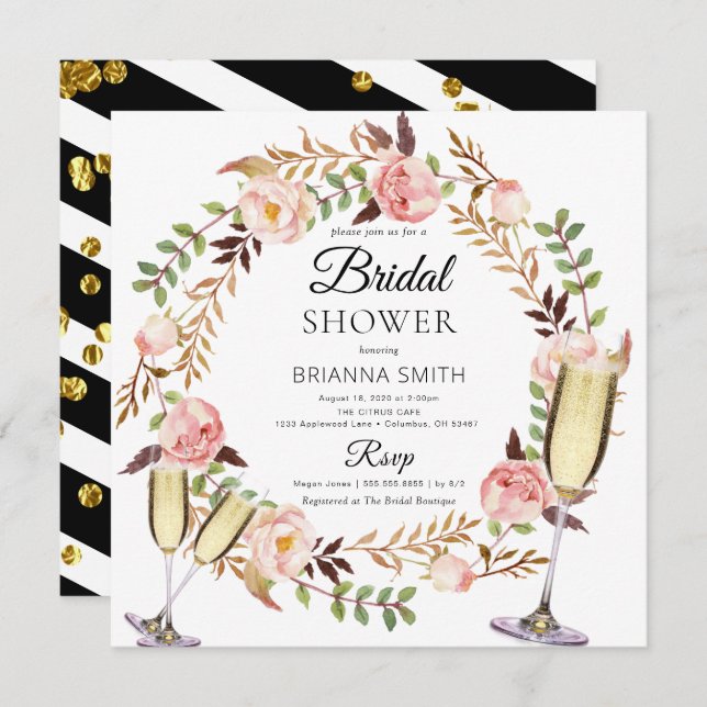Invitation Bouquet Couronne Fleurs Classy Bridal douche (Devant / Derrière)
