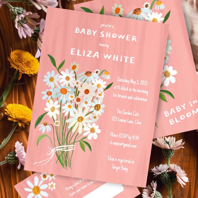 Invitation Bouquet Cute Daisy Baby shower personnalisé peint  (Cute Daisy Bouquet Handpainted Custom Baby Shower Invitation Pink Girl Baby in Bloom Cute)