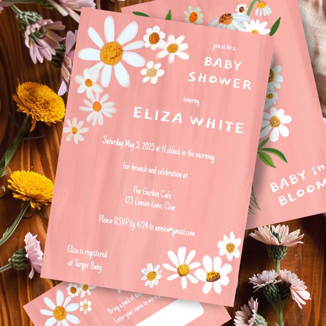 Invitation Bouquet Cute Daisy Baby shower personnalisé peint  (Cute Daisy Bouquet Handpainted Custom Baby Shower Invitation Pink Baby Girl Baby in Bloom Floral)