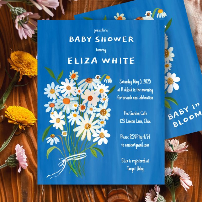 Invitation Bouquet Cute Daisy Baby shower personnalisé peint  (Cute Daisy Bouquet Handpainted Custom Baby Shower Invitation Blue Boy Gouache Art )