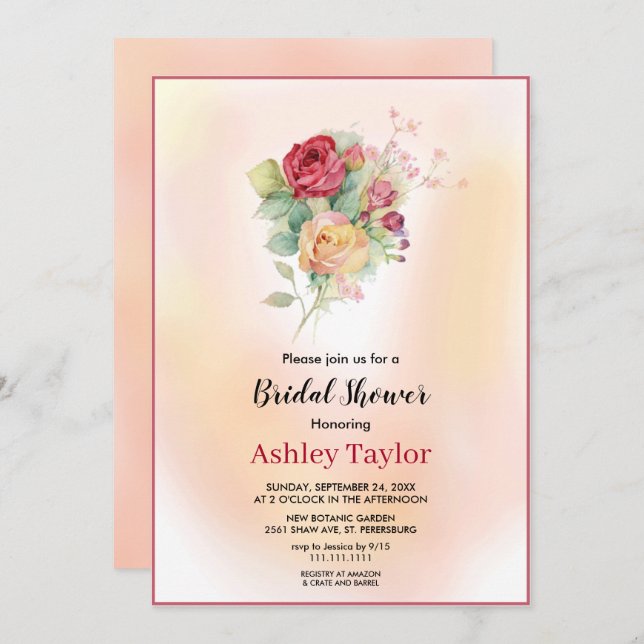 Invitation Bouquet d'aquarelle Fête des mariées fleurie rose (Devant / Derrière)