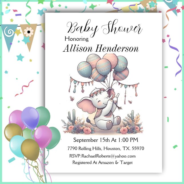 Invitation Bouquet De Balloon Et Baby shower D'Éléphant Adora (Créateur téléchargé)
